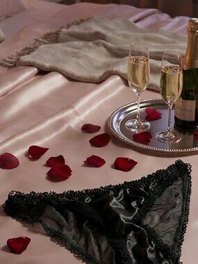 NWOT Vintage Victoria's Secret Silk Satin Bikini Panties Black Sheer Ruffle